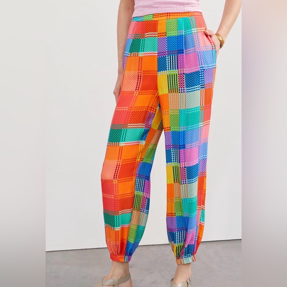 Farm Rio Anthropologie NWT Woven Multi Rainbow Checkered Plaid Balloon Joggers M